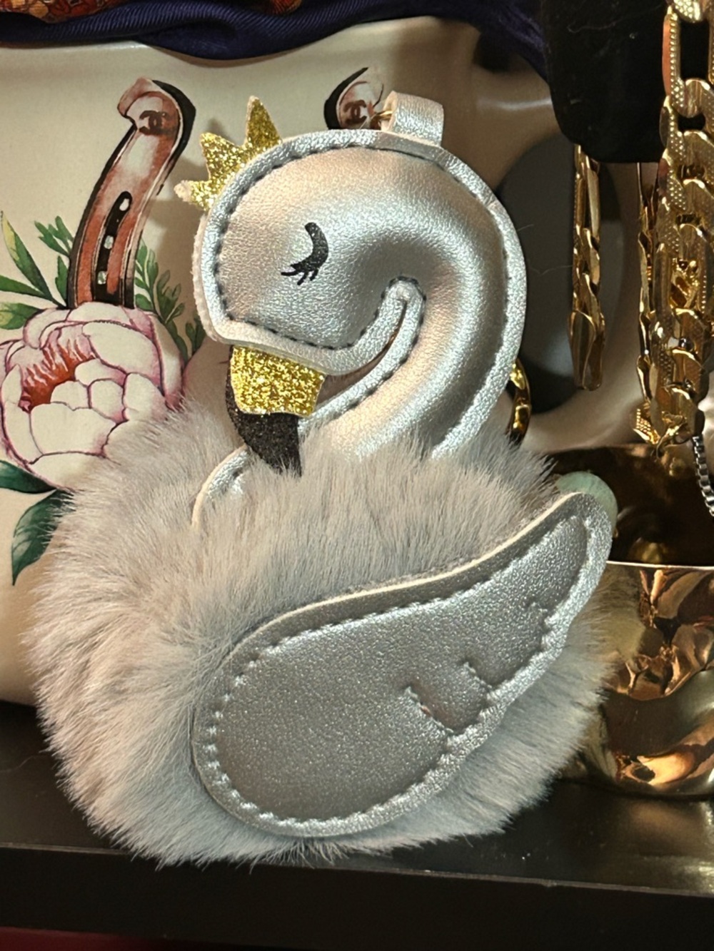 Silver Swan Faux Fur Pom Keychain with Gold Crown